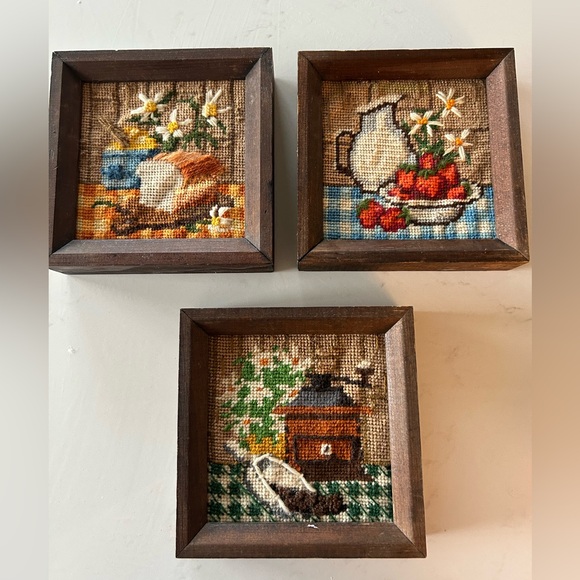 mcm vintage Other - Vintage Framed Cross Stitch Still Life Scenes- Floral, Fruit & Coffee Motifs
